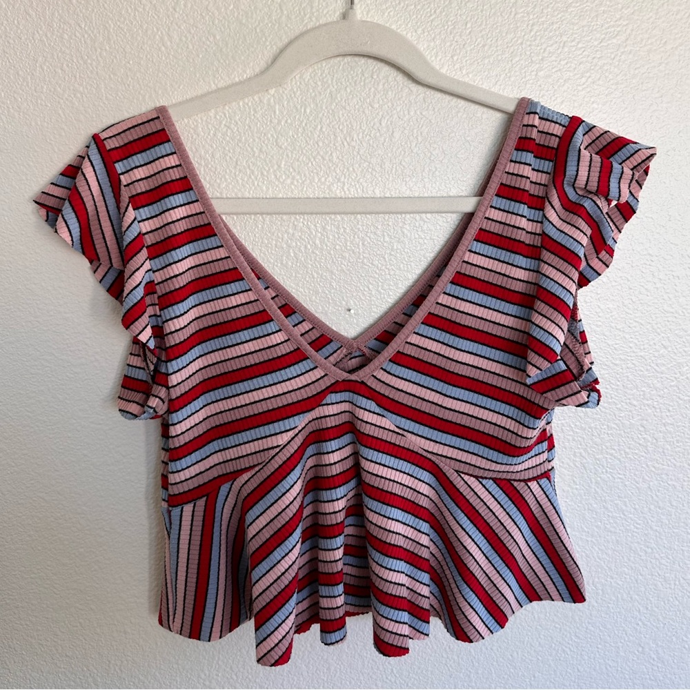 Striped V-Neck Ruffle Sleeve Top - Picture 2 of 7